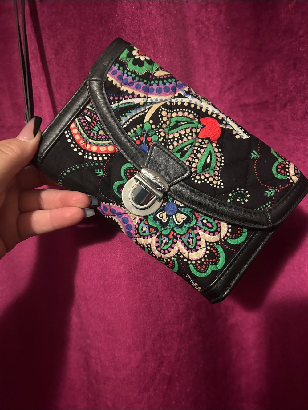 Vera Bradley Quilted Floral Pattern Wristlet Clutch in Black and Multicolor